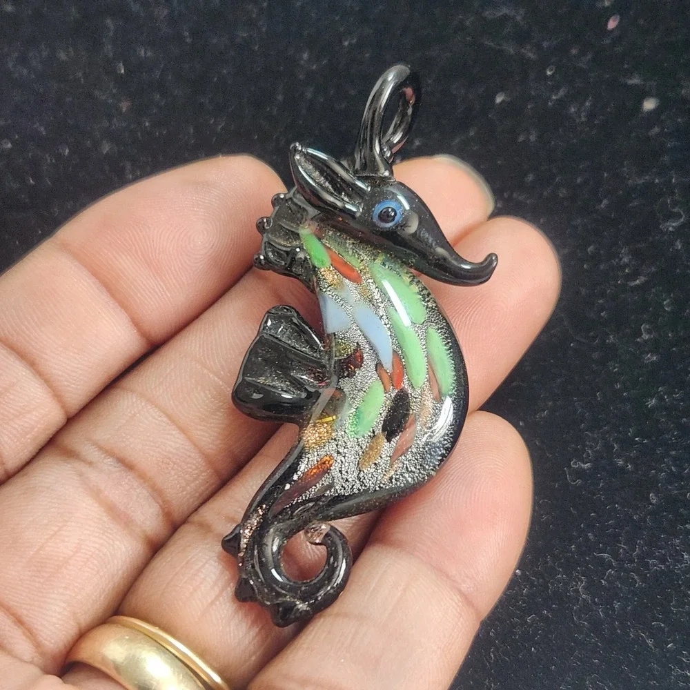 Handblown Lampwork Glass Seahorse Pendant Black Multi Color Dichroic Art Glass‎